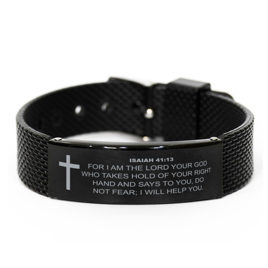 Isaiah 41 13 Bracelet, Bible Verse Bracelet, Christian Bracelet, Christian Birthday Gift, Black Stainless Steel Leather Bracelet, Gift for Christian.