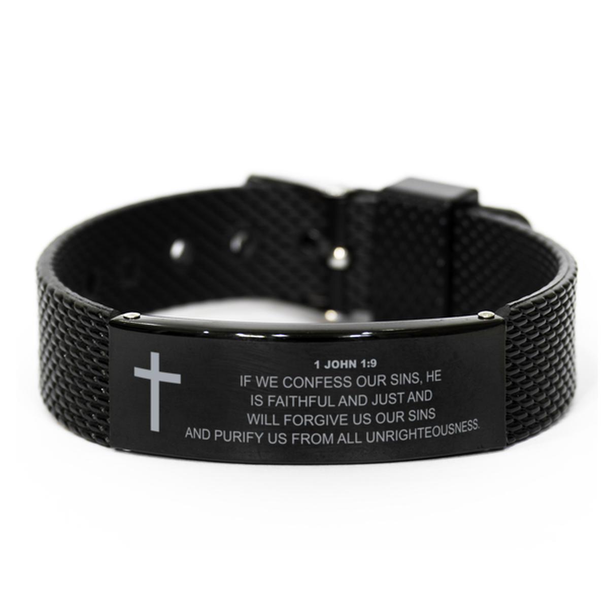 1 John 1 9 Bracelet, Bible Verse Bracelet, Christian Bracelet, Christian Birthday Gift, Black Stainless Steel Leather Bracelet, Gift for Christian.