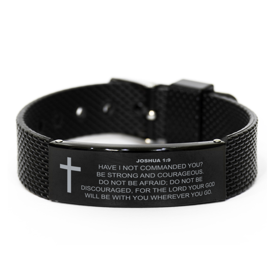 Joshua 1 9 Bracelet, Bible Verse Bracelet, Christian Bracelet, Christian Birthday Gift, Black Stainless Steel Leather Bracelet, Gift for Christian.