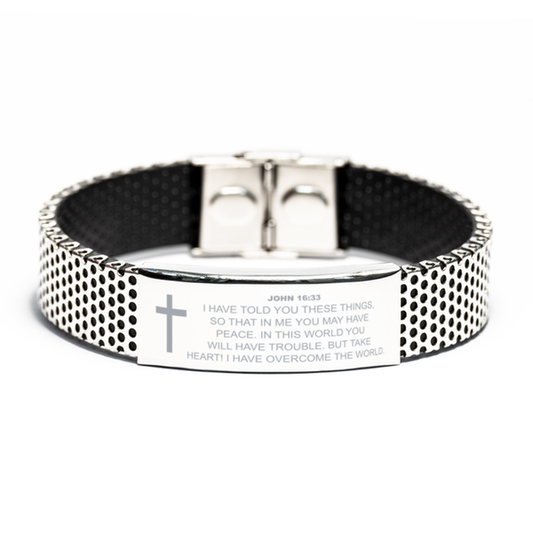 John 16 33 Bracelet, Bible Verse Bracelet, Christian Bracelet, Christian Birthday Gift, Stainless Steel Bracelet, Gift for Christian.