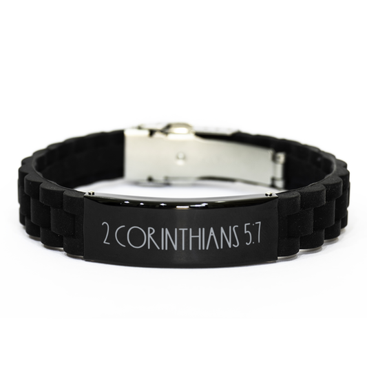 Bible Verse Bracelet, 2 Corinthians 5 7 Bracelet, Christian Bracelet, Christian Birthday Gift, Black Stainless Steel Silicone Bracelet, Gift for Christian.