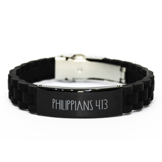 Bible Verse Bracelet, Philippians 4 13 Bracelet, Christian Bracelet, Christian Birthday Gift, Black Stainless Steel Silicone Bracelet, Gift for Christian.