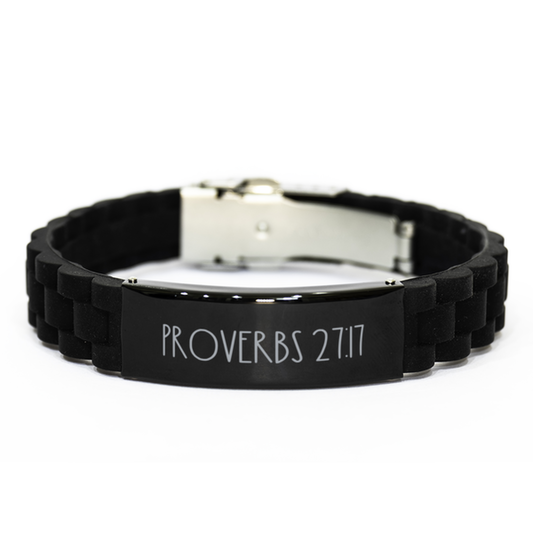 Bible Verse Bracelet, Proverbs 27 17 Bracelet, Christian Bracelet, Christian Birthday Gift, Black Stainless Steel Silicone Bracelet, Gift for Christian.