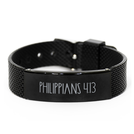 Bible Verse Bracelet, Philippians 4 13 Bracelet, Christian Bracelet, Christian Birthday Gift, Black Stainless Steel Leather Bracelet, Gift for Christian.