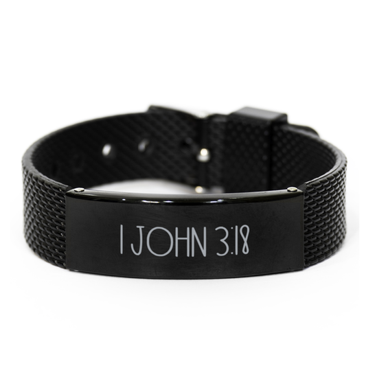 Bible Verse Bracelet, 1 John 3 18 Bracelet, Christian Bracelet, Christian Birthday Gift, Black Stainless Steel Leather Bracelet, Gift for Christian.