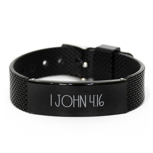 Bible Verse Bracelet, 1 John 4 16 Bracelet, Christian Bracelet, Christian Birthday Gift, Black Stainless Steel Leather Bracelet, Gift for Christian.