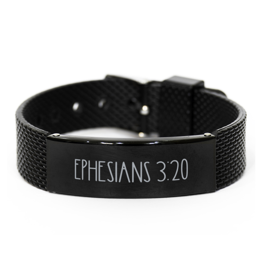 Bible Verse Bracelet, Ephesians 3 20 Bracelet, Christian Bracelet, Christian Birthday Gift, Black Stainless Steel Leather Bracelet, Gift for Christian.