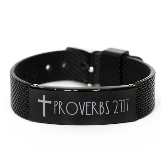 Bible Verse Bracelet, Proverbs 27 17 Bracelet, Christian Bracelet, Black Stainless Steel Leather Bracelet, Birthday, Christmas Gift.