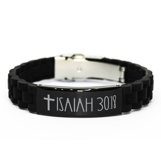 Bible Verse Bracelet, Isaiah 30 18 Bracelet, Christian Bracelet, Black Stainless Steel Silicone Bracelet, Birthday, Christmas Gift.