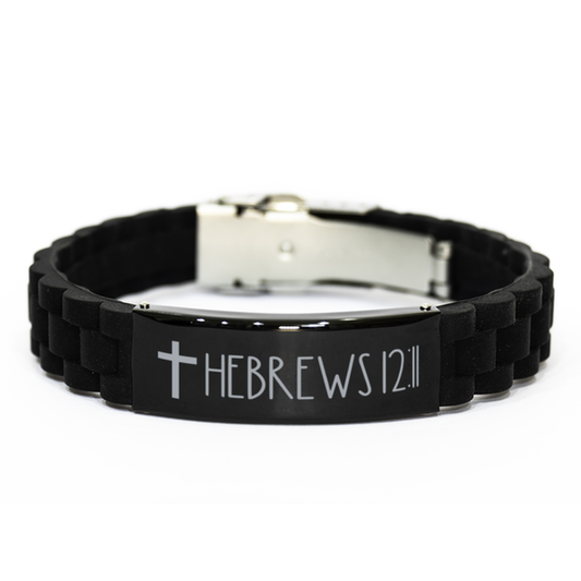 Bible Verse Bracelet, Hebrews 12 11 Bracelet, Christian Bracelet, Black Stainless Steel Silicone Bracelet, Birthday, Christmas Gift.