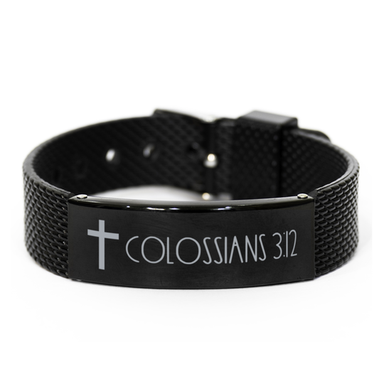 Bible Verse Bracelet, Colossians 3 12 Bracelet, Christian Bracelet, Black Stainless Steel Leather Bracelet, Birthday, Christmas Gift.