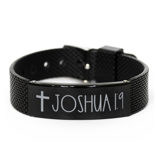 Bible Verse Bracelet, Joshua 1 9 Bracelet, Christian Bracelet, Black Stainless Steel Leather Bracelet, Birthday, Christmas Gift.