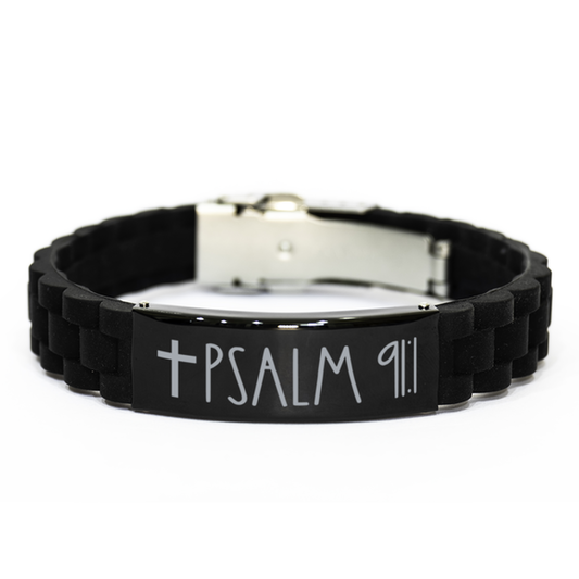 Bible Verse Bracelet, Psalm 91 1 Bracelet, Christian Bracelet, Black Stainless Steel Silicone Bracelet, Birthday, Christmas Gift.