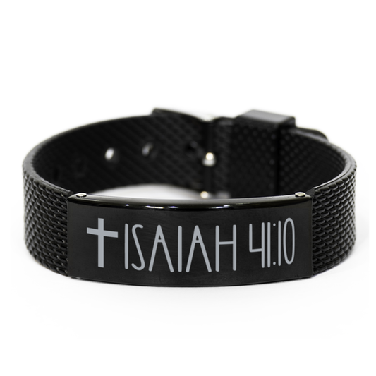 Bible Verse Bracelet, Isaiah 41 10 Bracelet, Christian Bracelet, Black Stainless Steel Leather Bracelet, Birthday, Christmas Gift.