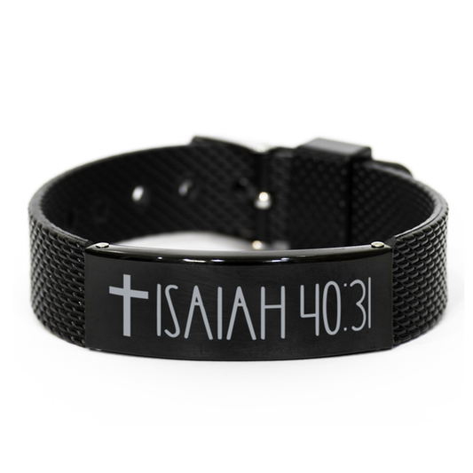 Bible Verse Bracelet, Isaiah 40 31 Bracelet, Christian Bracelet, Black Stainless Steel Leather Bracelet, Birthday, Christmas Gift.