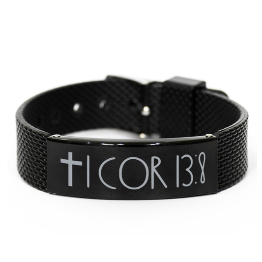 Bible Verse Bracelet, 1 Cor 13 8 Bracelet, Christian Bracelet, Black Stainless Steel Leather Bracelet, Birthday, Christmas Gift.