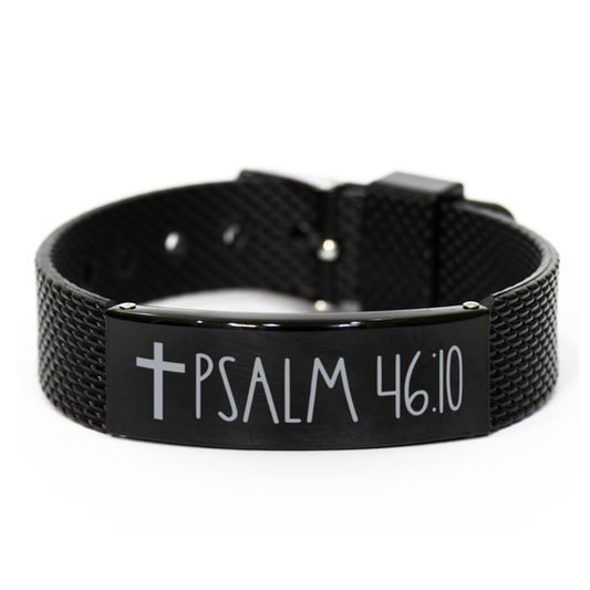 Bible Verse Bracelet, Psalm 46 10 Bracelet, Christian Bracelet, Black Stainless Steel Leather Bracelet, Birthday, Christmas Gift.