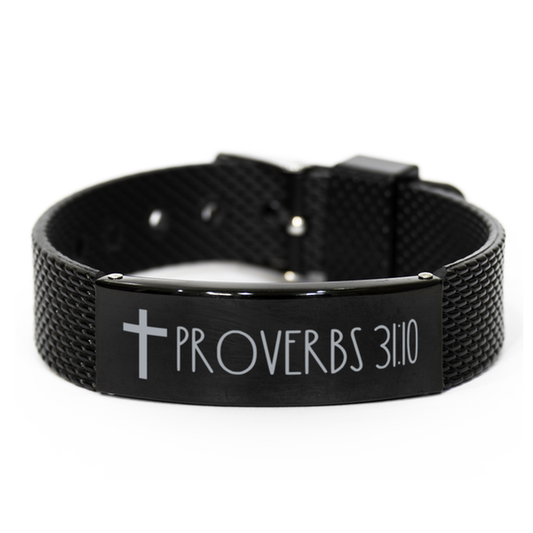 Bible Verse Bracelet, Proverbs 31 10 Bracelet, Christian Bracelet, Black Stainless Steel Leather Bracelet, Birthday, Christmas Gift.