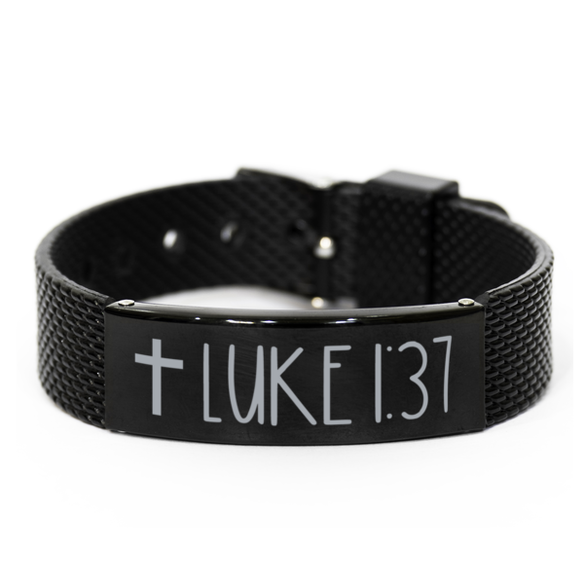 Bible Verse Bracelet, Luke 1 37 Bracelet, Christian Bracelet, Black Stainless Steel Leather Bracelet, Birthday, Christmas Gift.