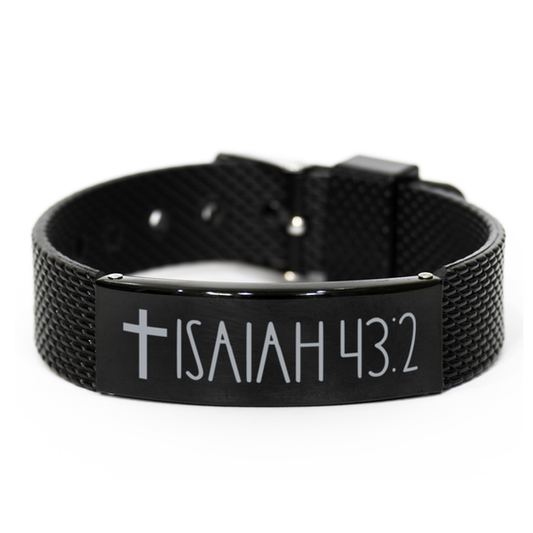 Bible Verse Bracelet, Isaiah 43 2 Bracelet, Christian Bracelet, Black Stainless Steel Leather Bracelet, Birthday, Christmas Gift.