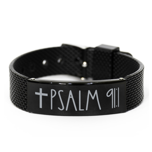 Bible Verse Bracelet, Psalm 91 1 Bracelet, Christian Bracelet, Black Stainless Steel Leather Bracelet, Birthday, Christmas Gift.