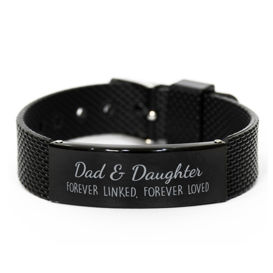 Dad and Daughter Forever Linked Forever Loved Bracelet, Dad Daughter Bracelet, Black Stainless Steel Leather Bracelet, Birthday, Christmas.