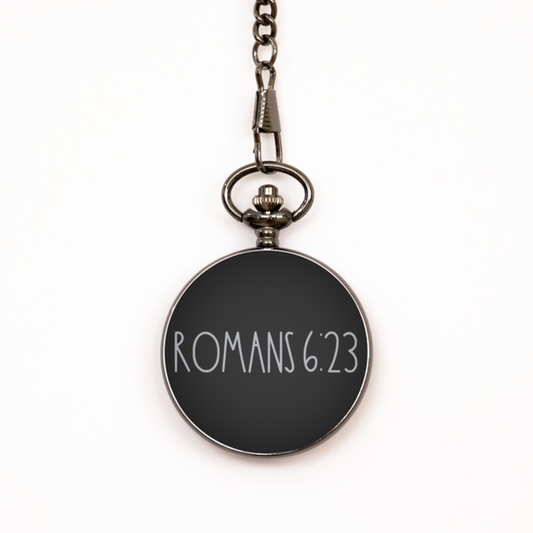 Bible Verse Pocket Watch, Romans 6 23 Pocket Watch, Christian Watch for Men Women, Black Engraved Pocket Watch, Birthday, Christmas Gift.