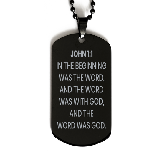 John 1:1 Necklace, Bible Verse Necklace, Christian Necklace, Christian Birthday Gift, Black Dog Tag Necklace, Gift for Christian.