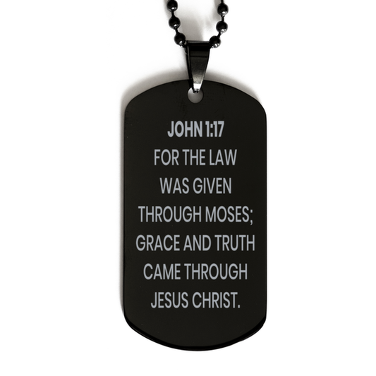 John 1:17 Necklace, Bible Verse Necklace, Christian Necklace, Christian Birthday Gift, Black Dog Tag Necklace, Gift for Christian.