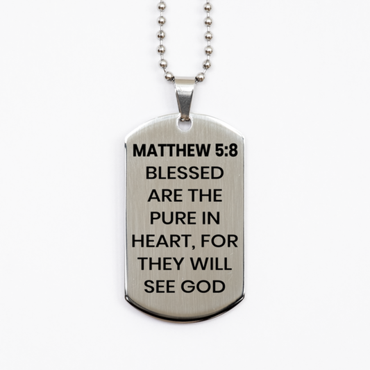 Matthew 5:8 Necklace, Bible Verse Necklace, Christian Necklace, Christian Birthday Gift, Stainless Steel Dog Tag Necklace, Gift for Christian.