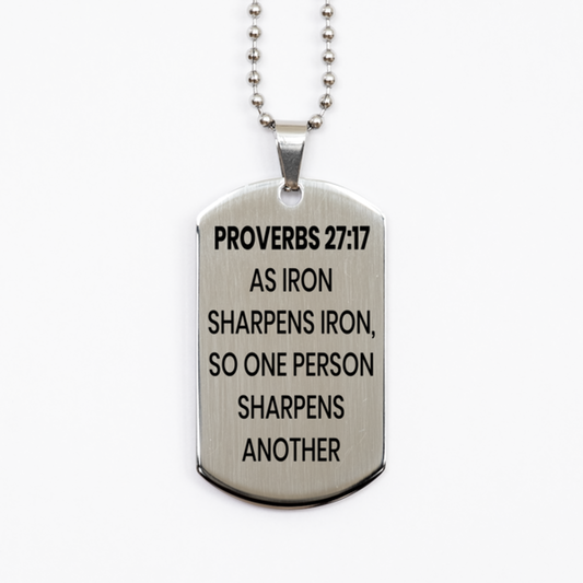 Proverbs 27:17 Necklace, Bible Verse Necklace, Christian Necklace, Christian Birthday Gift, Stainless Steel Dog Tag Necklace, Gift for Christian.