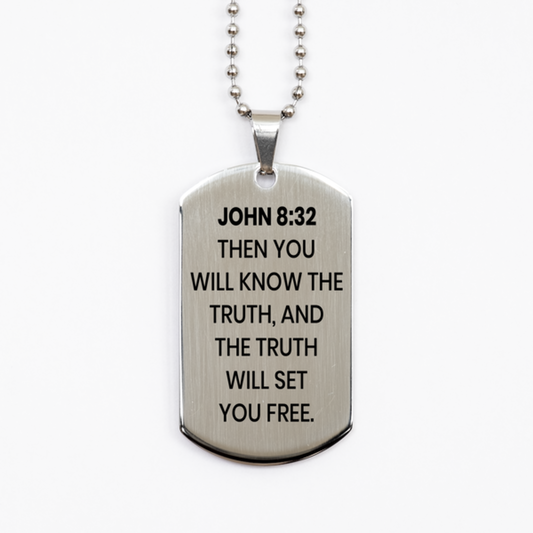 John 8:32 Necklace, Bible Verse Necklace, Christian Necklace, Christian Birthday Gift, Stainless Steel Dog Tag Necklace, Gift for Christian.