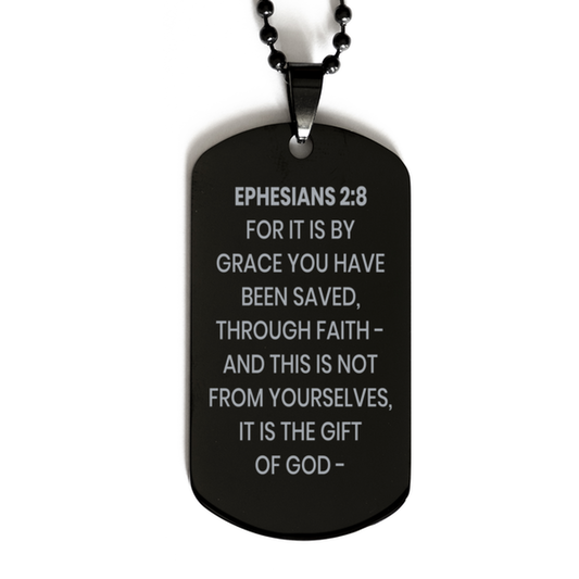 Ephesians 2:8 Necklace, Bible Verse Necklace, Christian Necklace, Christian Birthday Gift, Black Dog Tag Necklace, Gift for Christian.