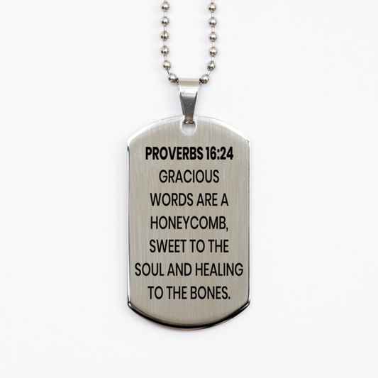 Proverbs 16:24 Necklace, Bible Verse Necklace, Christian Necklace, Christian Birthday Gift, Stainless Steel Dog Tag Necklace, Gift for Christian.