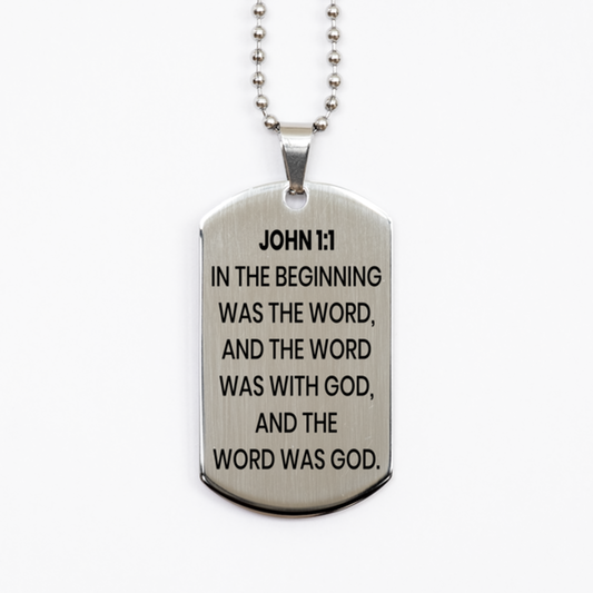 John 1:1 Necklace, Bible Verse Necklace, Christian Necklace, Christian Birthday Gift, Stainless Steel Dog Tag Necklace, Gift for Christian.