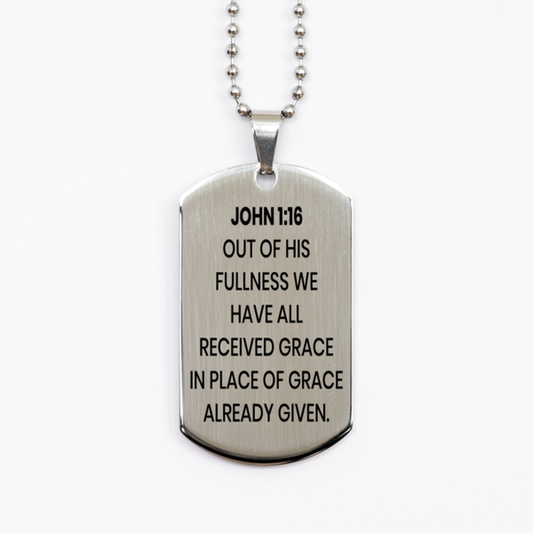 John 1:16 Necklace, Bible Verse Necklace, Christian Necklace, Christian Birthday Gift, Stainless Steel Dog Tag Necklace, Gift for Christian.