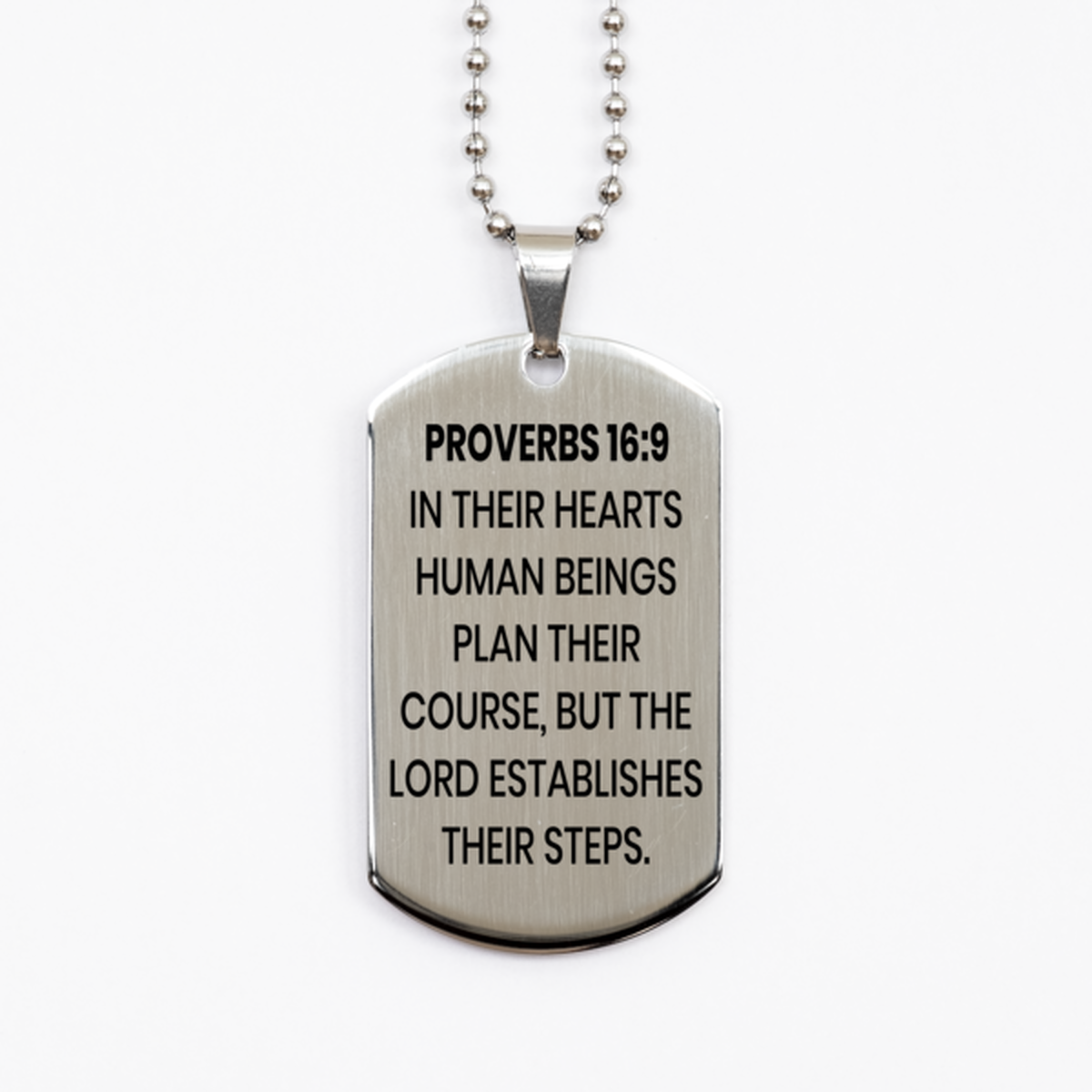 Proverbs 16:9 Necklace, Bible Verse Necklace, Christian Necklace, Christian Birthday Gift, Stainless Steel Dog Tag Necklace, Gift for Christian.