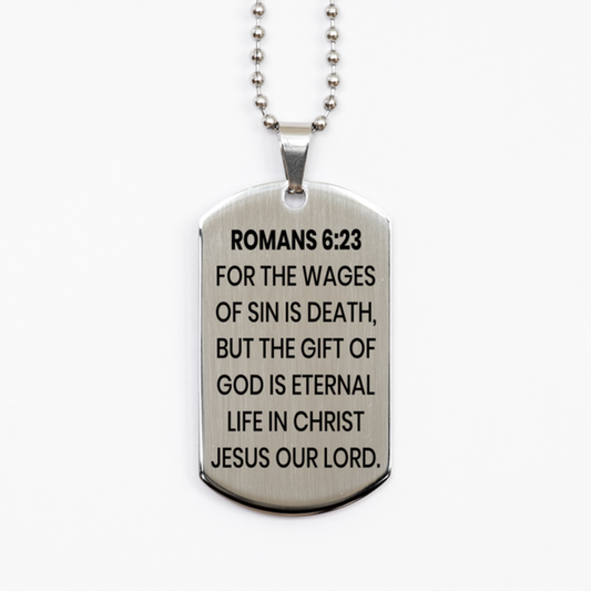 Romans 6:23 Necklace, Bible Verse Necklace, Christian Necklace, Christian Birthday Gift, Stainless Steel Dog Tag Necklace, Gift for Christian.