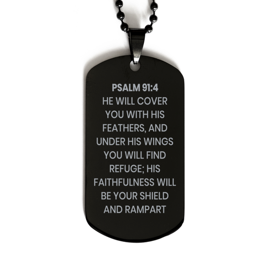 Psalm 91:4 Necklace, Bible Verse Necklace, Christian Necklace, Christian Birthday Gift, Black Dog Tag Necklace, Gift for Christian.