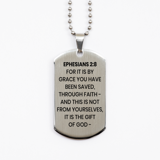 Ephesians 2:8 Necklace, Bible Verse Necklace, Christian Necklace, Christian Birthday Gift, Stainless Steel Dog Tag Necklace, Gift for Christian.