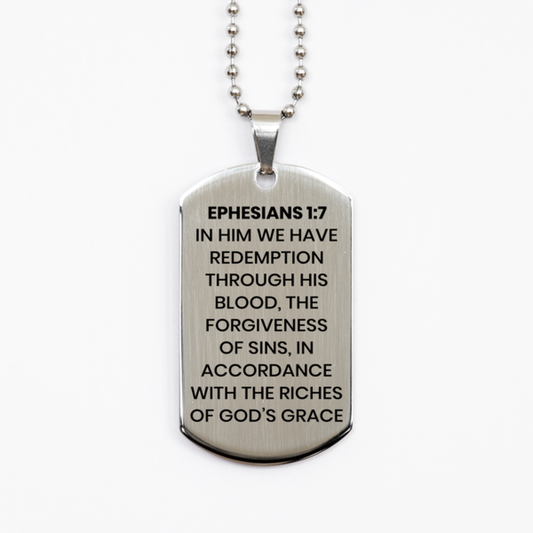 Ephesians 1:7 Necklace, Bible Verse Necklace, Christian Necklace, Christian Birthday Gift, Stainless Steel Dog Tag Necklace, Gift for Christian.