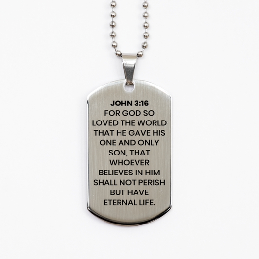 John 3:16 Necklace, Bible Verse Necklace, Christian Necklace, Christian Birthday Gift, Stainless Steel Dog Tag Necklace, Gift for Christian.