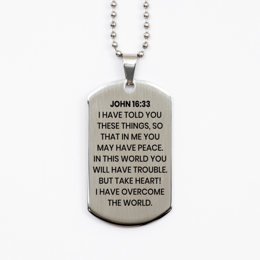 John 16:33 Necklace, Bible Verse Necklace, Christian Necklace, Christian Birthday Gift, Stainless Steel Dog Tag Necklace, Gift for Christian.