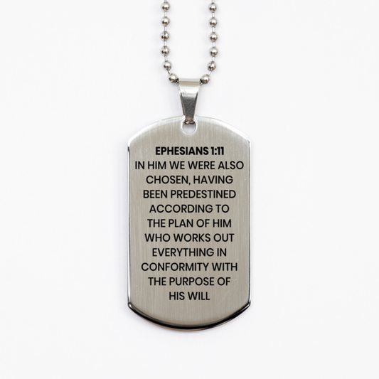 Ephesians 1:11 Necklace, Bible Verse Necklace, Christian Necklace, Christian Birthday Gift, Stainless Steel Dog Tag Necklace, Gift for Christian.