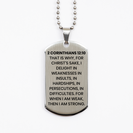 2 Corinthians 12:10 Necklace, Bible Verse Necklace, Christian Necklace, Christian Birthday Gift, Stainless Steel Dog Tag Necklace, Gift for Christian.