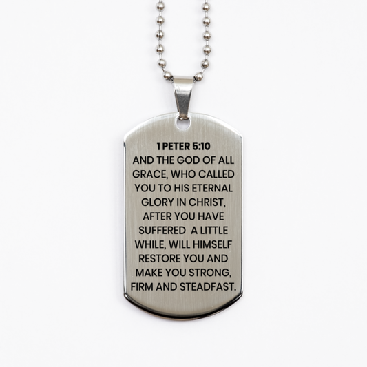 1 Peter 5:10 Necklace, Bible Verse Necklace, Christian Necklace, Christian Birthday Gift, Stainless Steel Dog Tag Necklace, Gift for Christian.