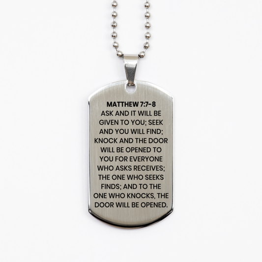 Matthew 7:7-8 Necklace, Bible Verse Necklace, Christian Necklace, Christian Birthday Gift, Stainless Steel Dog Tag Necklace, Gift for Christian.