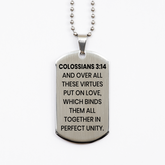 Colossians 3:14 Necklace, Bible Verse Necklace, Christian Necklace, Christian Birthday Gift, Stainless Steel Dog Tag Necklace, Gift for Christian.