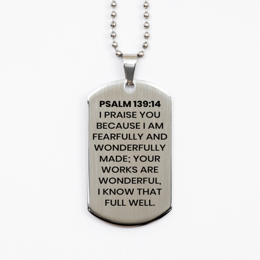 Psalm 139:14 Necklace, Bible Verse Necklace, Christian Necklace, Christian Birthday Gift, Stainless Steel Dog Tag Necklace, Gift for Christian.