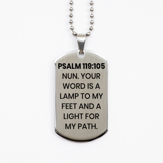 Psalm 119:105 Necklace, Bible Verse Necklace, Christian Necklace, Christian Birthday Gift, Stainless Steel Dog Tag Necklace, Gift for Christian.